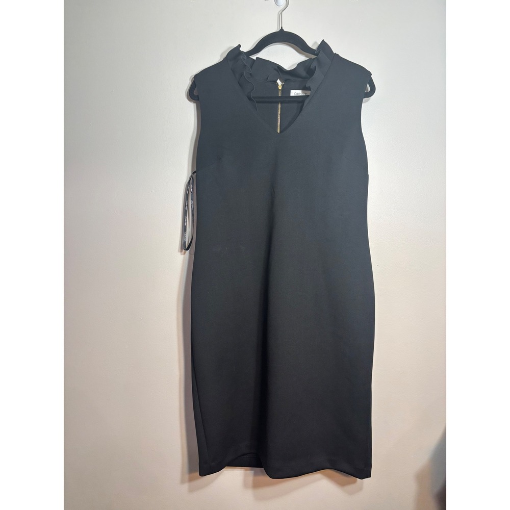 Calvin Klein Black Ruffle Neck Sleeveless Sheath‎ Dress Gold Back Zip Size 14